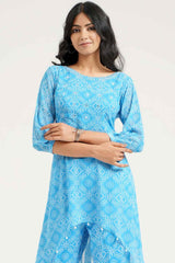 Turquoise Georgette Bandhej Print Asymmetrical Kurta with Pants - Ritivesh By Ritika Aggarwal
