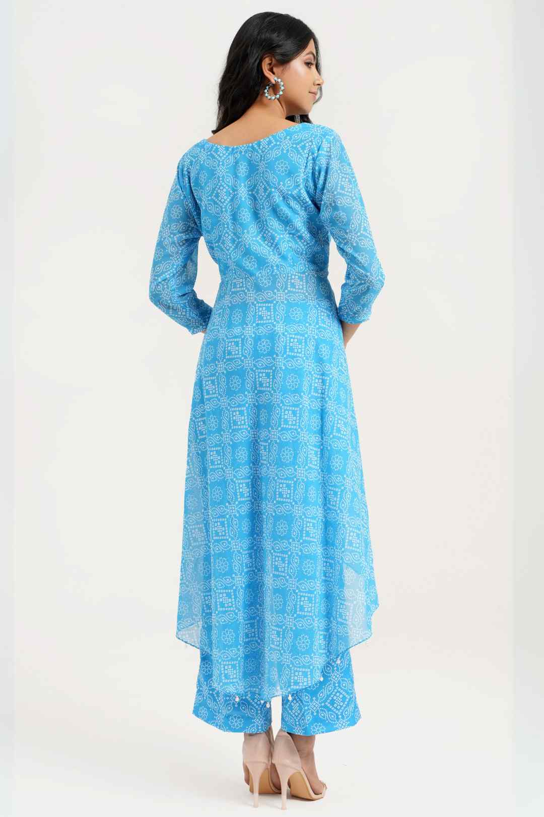 Turquoise Georgette Bandhej Print Asymmetrical Kurta with Pants - Ritivesh By Ritika Aggarwal