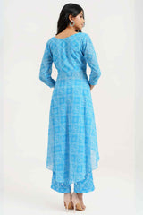 Turquoise Georgette Bandhej Print Asymmetrical Kurta with Pants - Ritivesh By Ritika Aggarwal