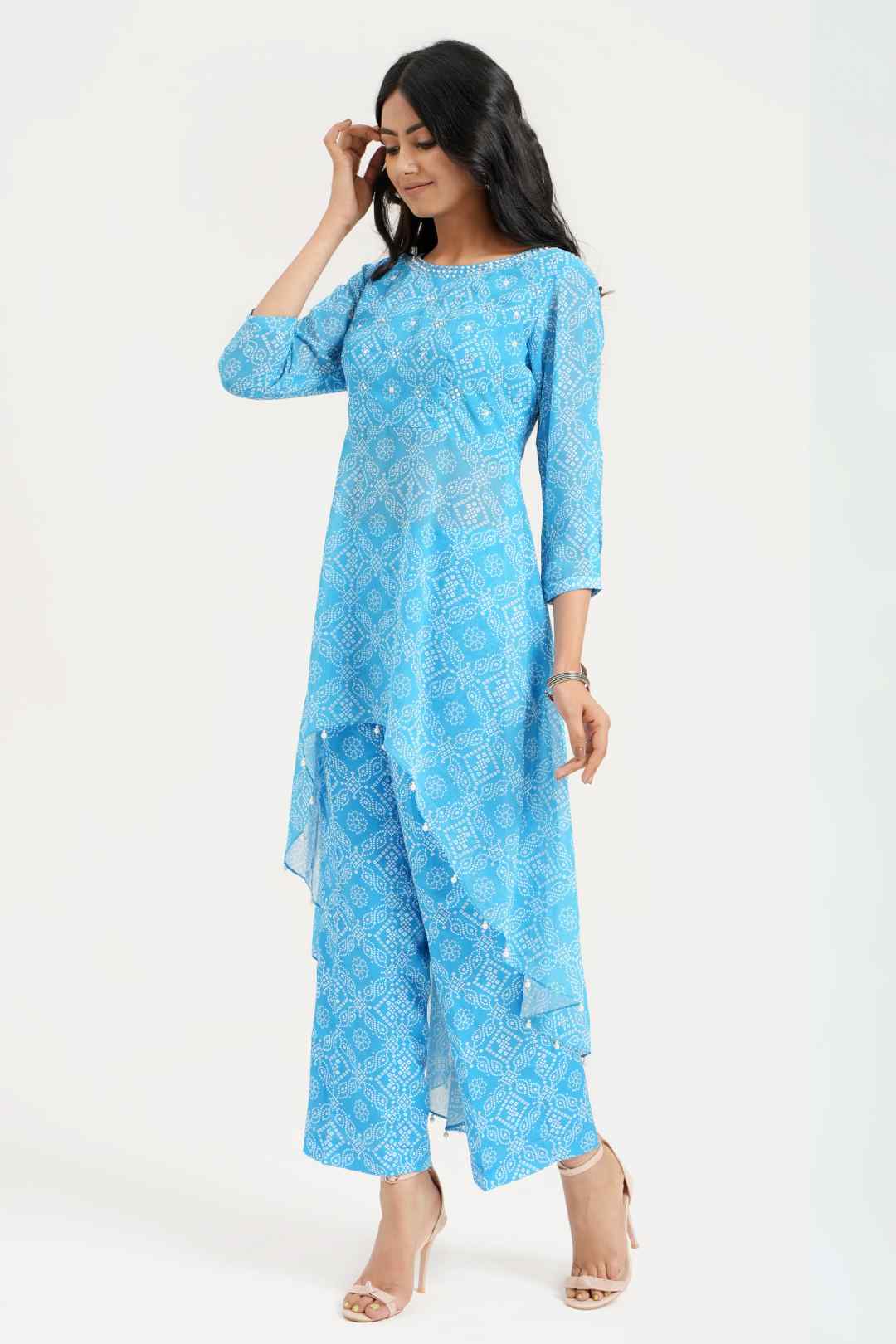 Turquoise Georgette Bandhej Print Asymmetrical Kurta with Pants - Ritivesh By Ritika Aggarwal