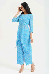 Turquoise Georgette Bandhej Print Asymmetrical Kurta with Pants - Ritivesh By Ritika Aggarwal