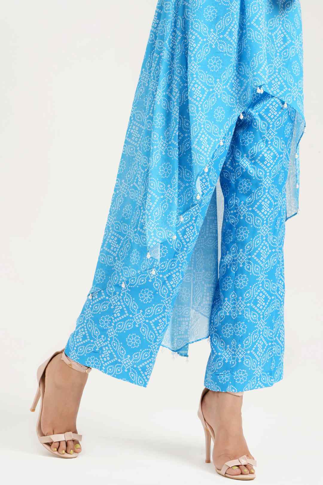 Turquoise Georgette Bandhej Print Asymmetrical Kurta with Pants - Ritivesh By Ritika Aggarwal