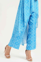 Turquoise Georgette Bandhej Print Asymmetrical Kurta with Pants - Ritivesh By Ritika Aggarwal