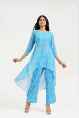 Turquoise Georgette Bandhej Print Asymmetrical Kurta with Pants - Ritivesh By Ritika Aggarwal