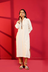 White & Brown Stripe Khadi Cotton Hand - Crafted Straight Kurta & Pant - Ritivesh By Ritika Aggarwal