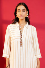 White & Brown Stripe Khadi Cotton Hand - Crafted Straight Kurta & Pant - Ritivesh By Ritika Aggarwal