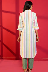 White Stripe Cotton Hand - Crafted Straight Kurta with Pant - Ritivesh By Ritika Aggarwal