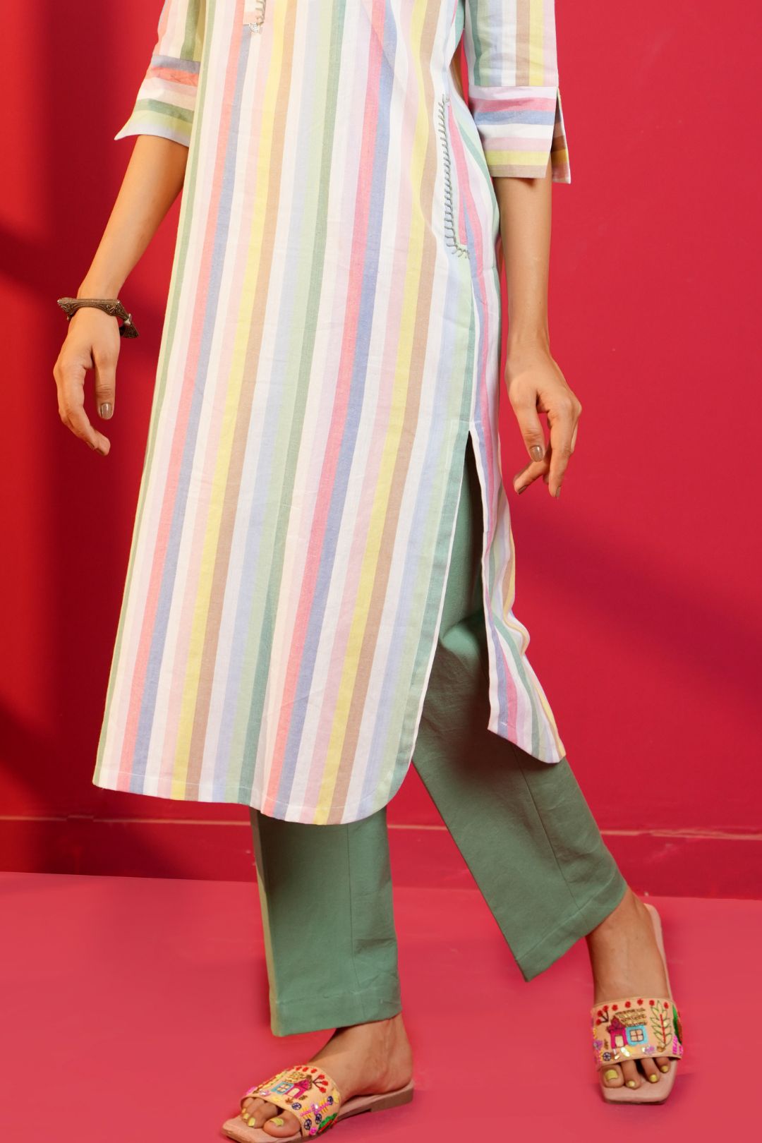 White Stripe Cotton Hand - Crafted Straight Kurta with Pant - Ritivesh By Ritika Aggarwal