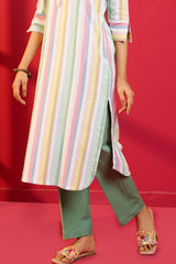 White Stripe Cotton Hand - Crafted Straight Kurta with Pant - Ritivesh By Ritika Aggarwal