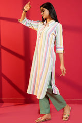 White Stripe Cotton Hand - Crafted Straight Kurta with Pant - Ritivesh By Ritika Aggarwal