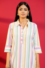 White Stripe Cotton Hand - Crafted Straight Kurta with Pant - Ritivesh By Ritika Aggarwal