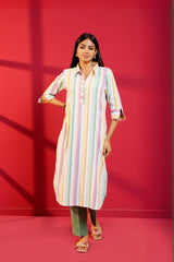 White Stripe Cotton Hand - Crafted Straight Kurta with Pant - Ritivesh By Ritika Aggarwal