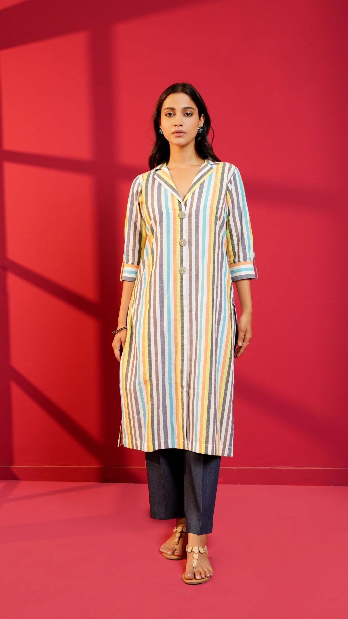 White Stripe Cotton Straight Kurta & Pant - Ritivesh By Ritika Aggarwal