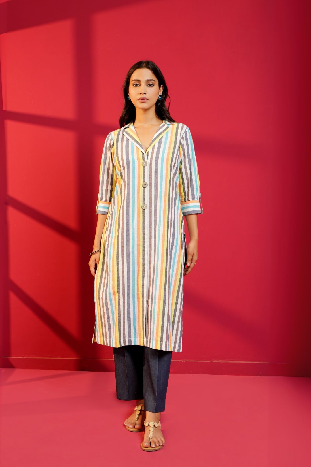 White Stripe Cotton Straight Kurta & Pant - Ritivesh By Ritika Aggarwal