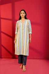 White Stripe Cotton Straight Kurta & Pant - Ritivesh By Ritika Aggarwal