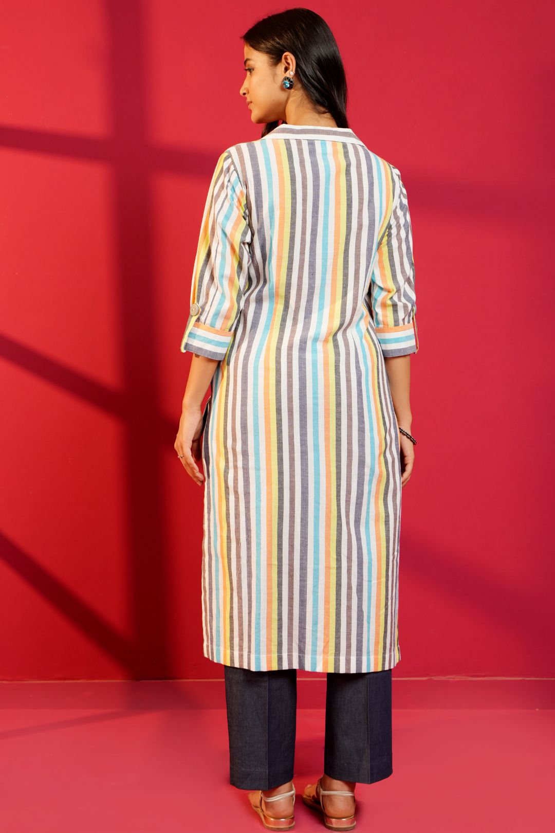 White Stripe Cotton Straight Kurta & Pant - Ritivesh By Ritika Aggarwal