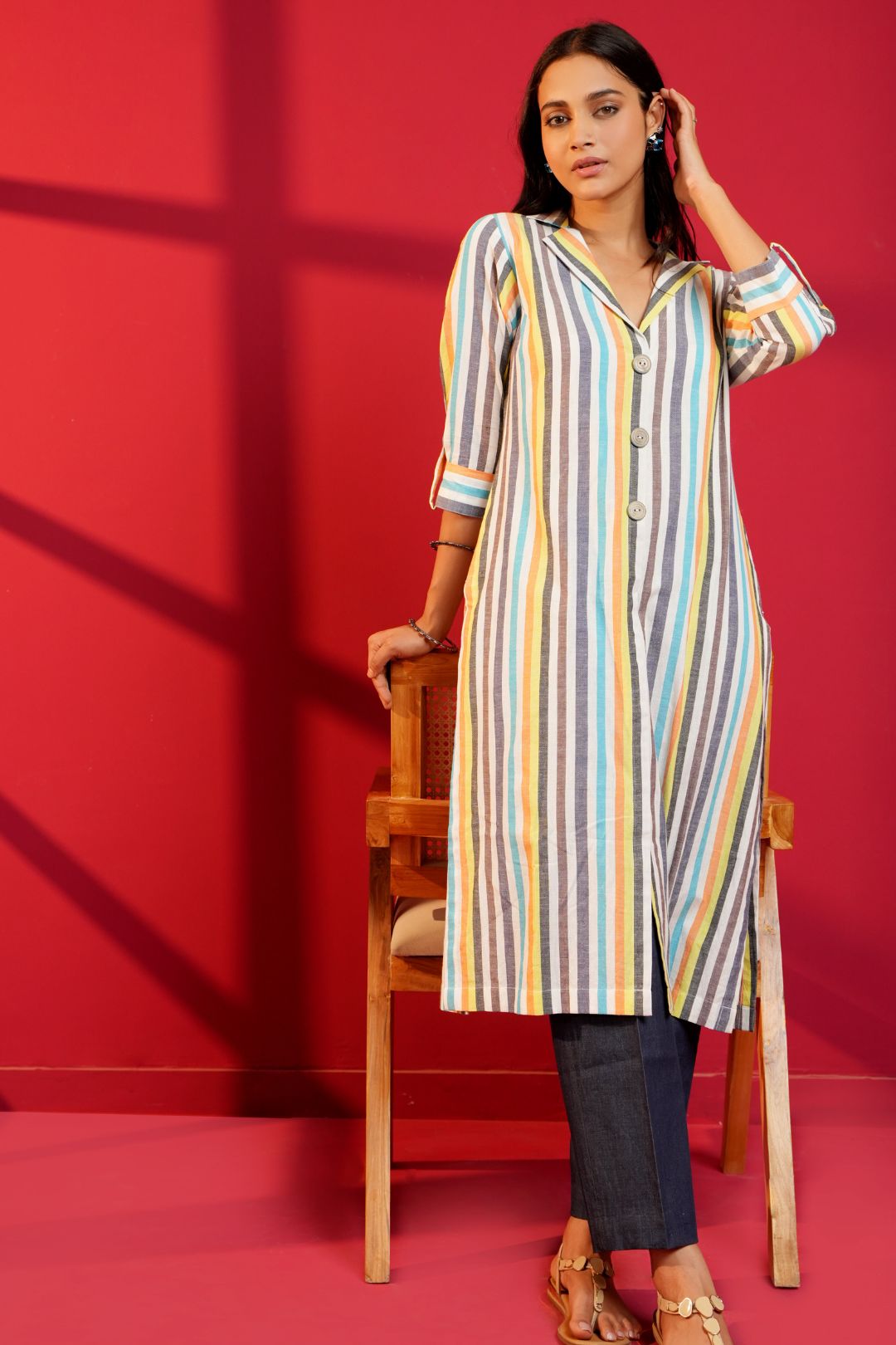 White Stripe Cotton Straight Kurta & Pant - Ritivesh By Ritika Aggarwal
