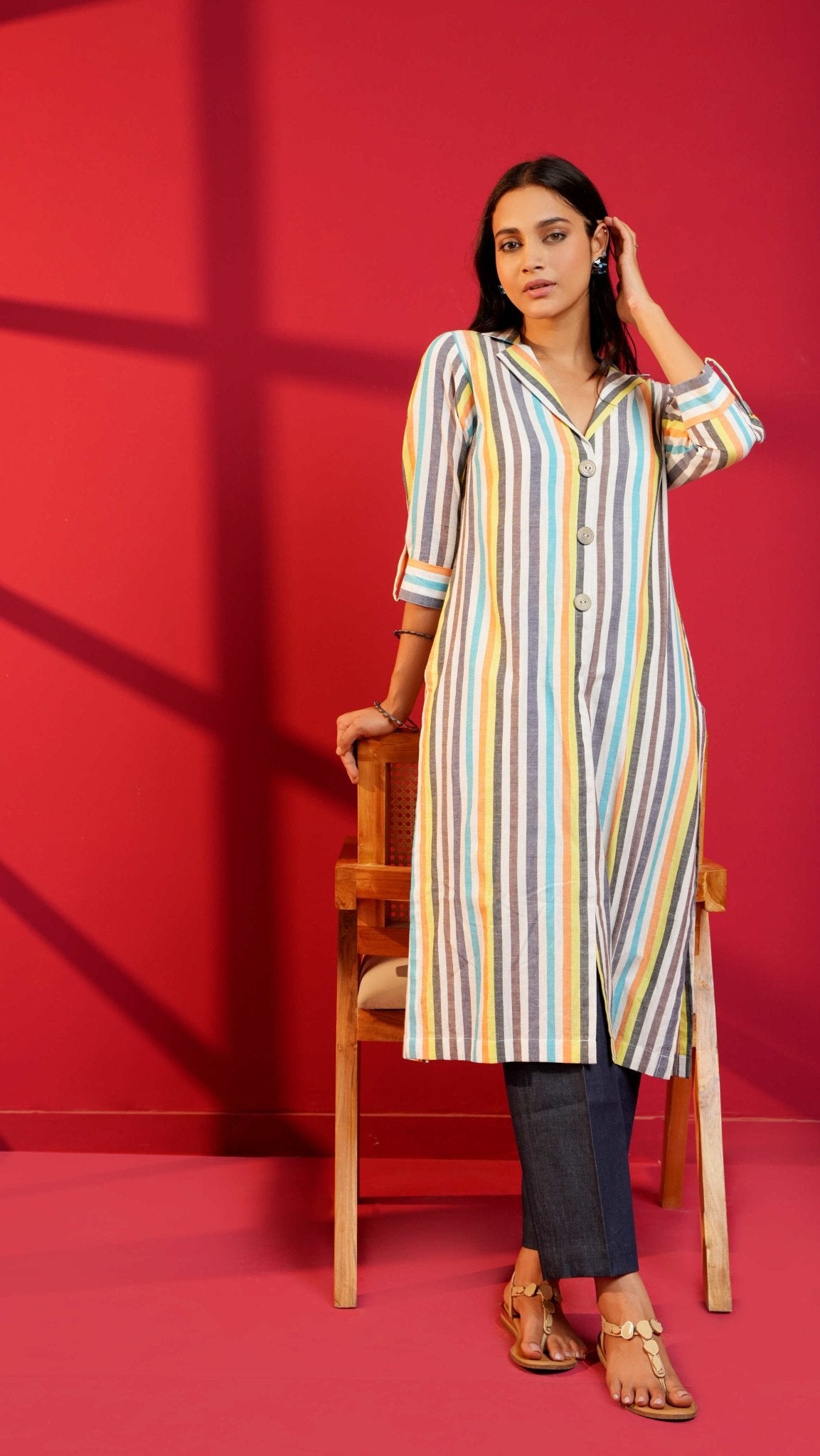 White Stripe Cotton Straight Kurta & Pant - Ritivesh By Ritika Aggarwal