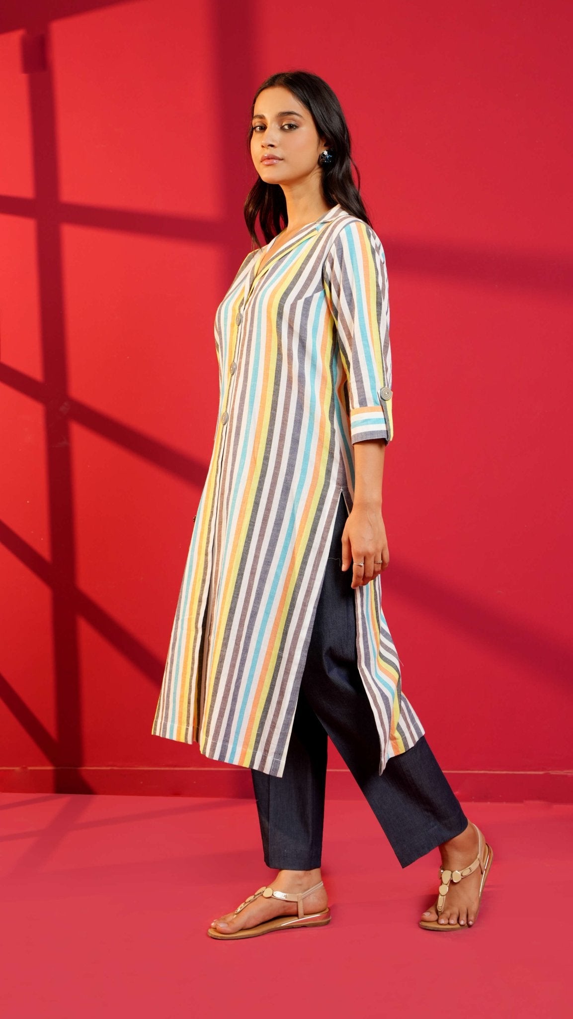 White Stripe Cotton Straight Kurta & Pant - Ritivesh By Ritika Aggarwal