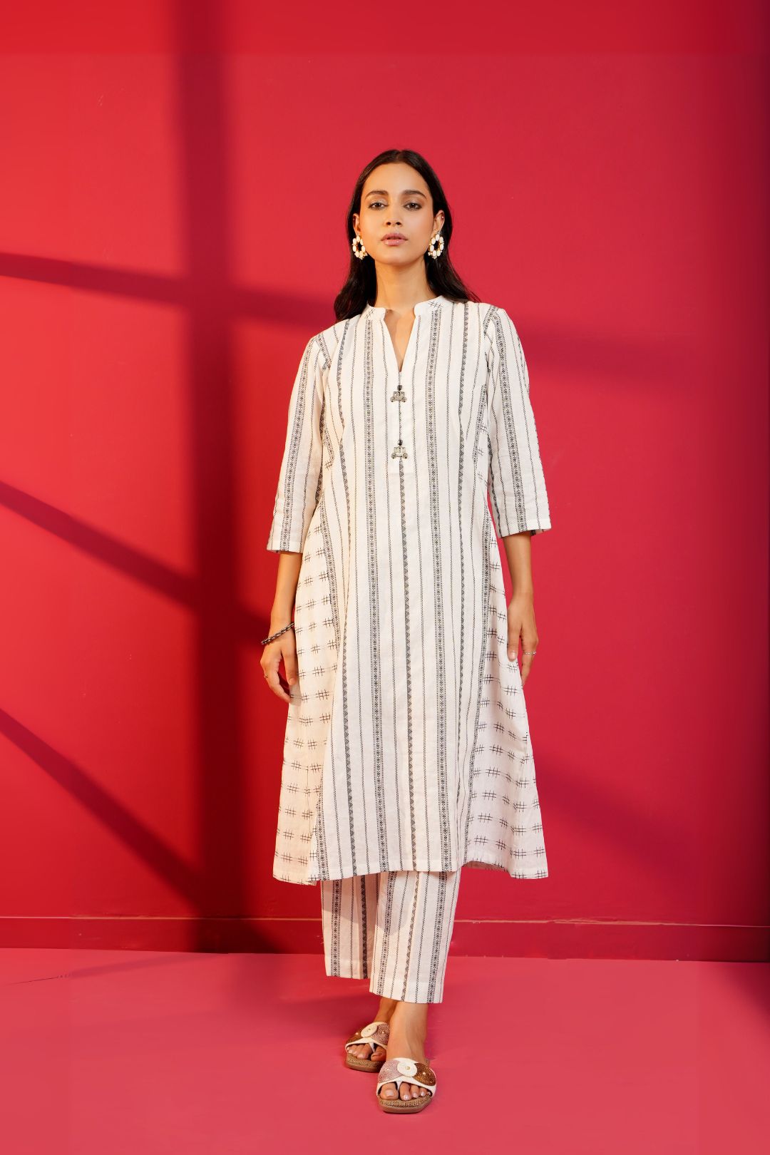 White Stripe Straight Cotton Hand - Crafted Straight Kurta - Ritivesh By Ritika Aggarwal