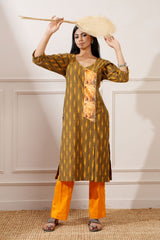 Wood Green Cotton Ikkat Straight Kurta & Pant - Ritivesh By Ritika Aggarwal