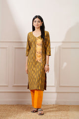 Wood Green Cotton Ikkat Straight Kurta & Pant - Ritivesh By Ritika Aggarwal