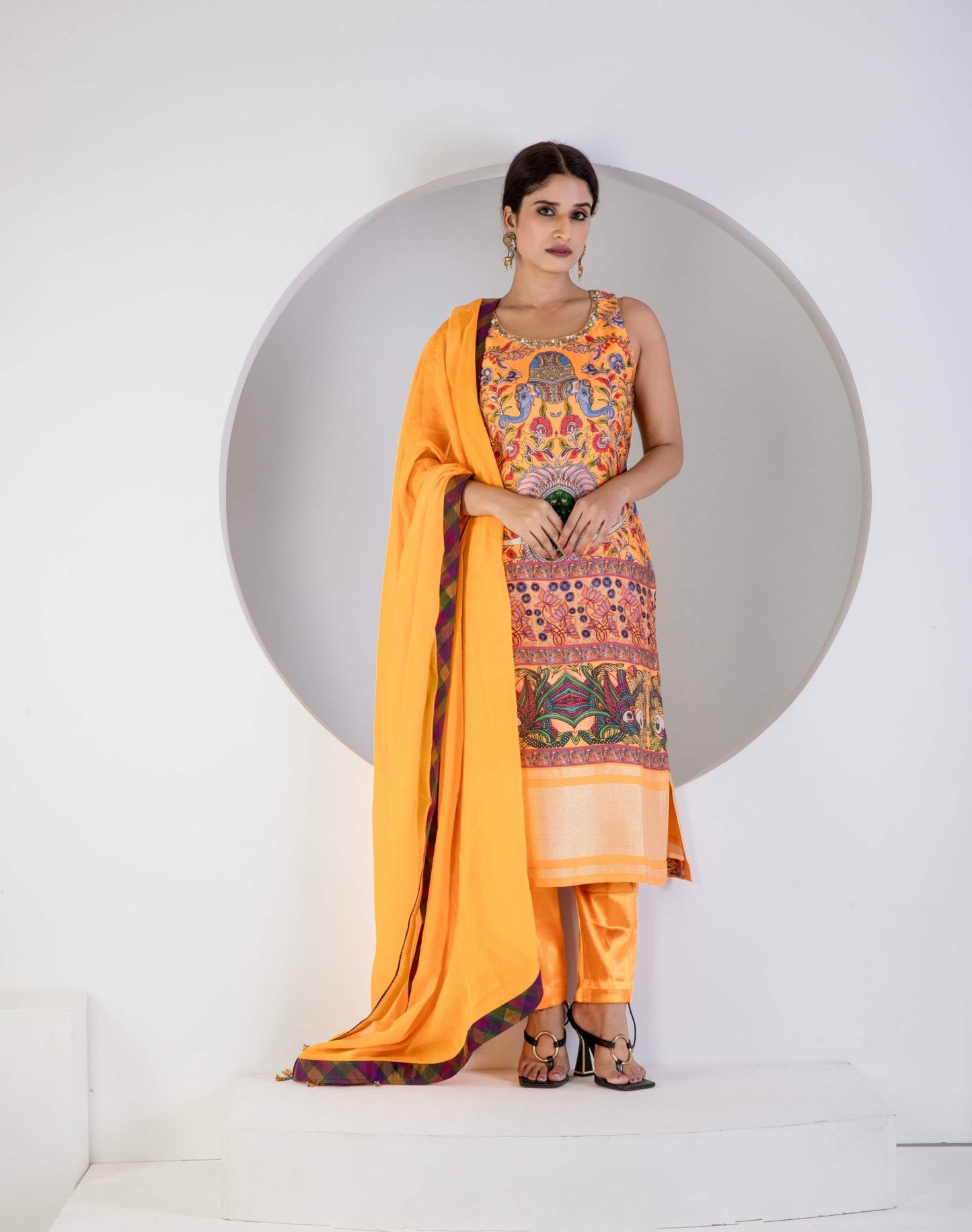 Yellow Digital print suit with Lycra pant and Dupatta - Ritivesh By Ritika Aggarwal