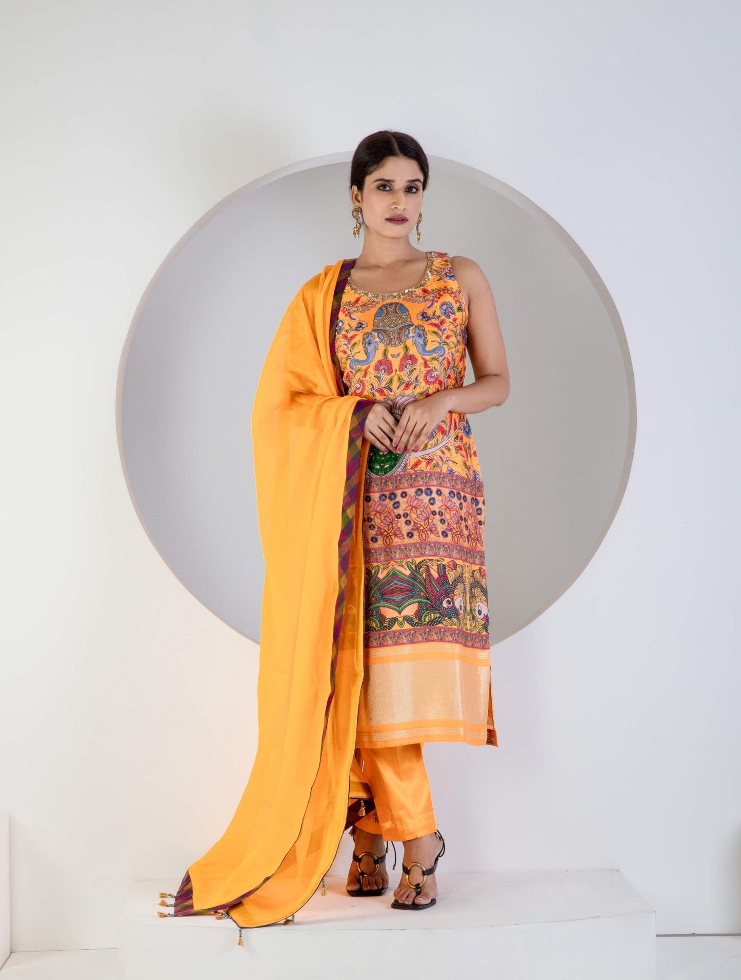 Yellow Digital print suit with Lycra pant and Dupatta - Ritivesh By Ritika Aggarwal