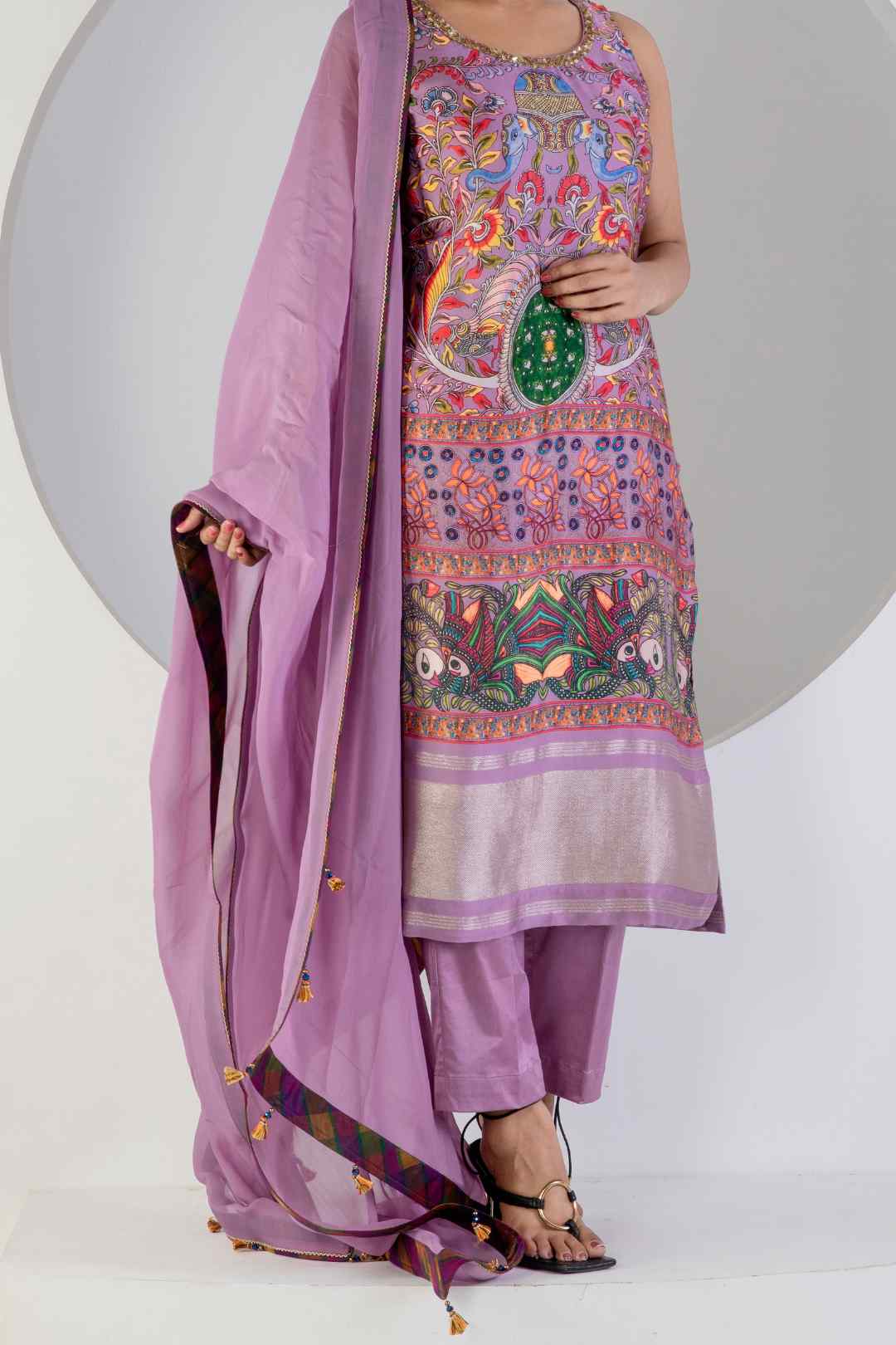 Lavender Digital print suit with Lycra pant and Dupatta