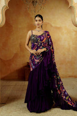 Purple Kalamkari Print Frill Saree set