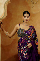 Purple Kalamkari Print Frill Saree set