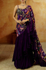 Purple Kalamkari Print Frill Saree set
