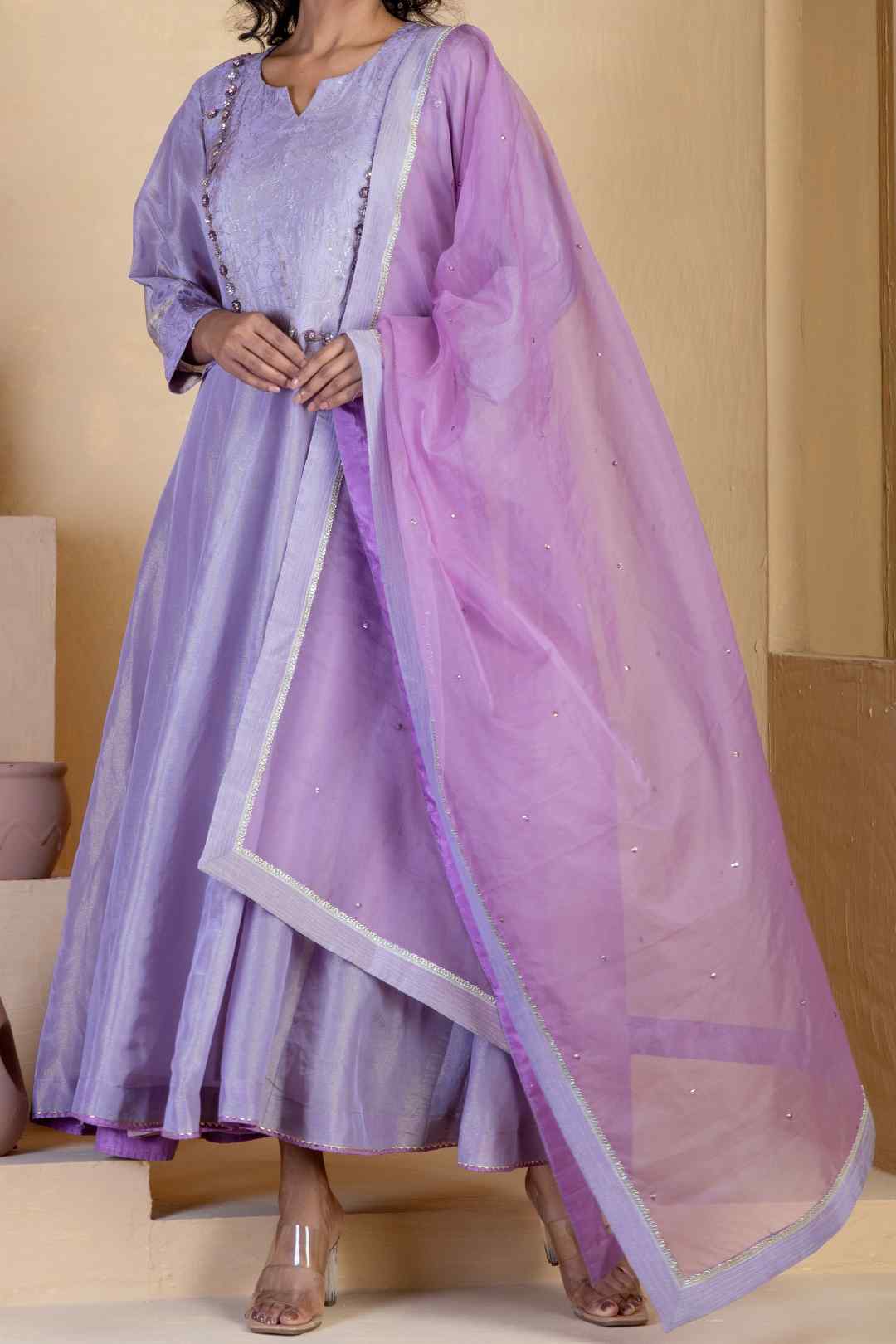 Lavender Shimmer Silk Tissue Anarkali Kurta Sets