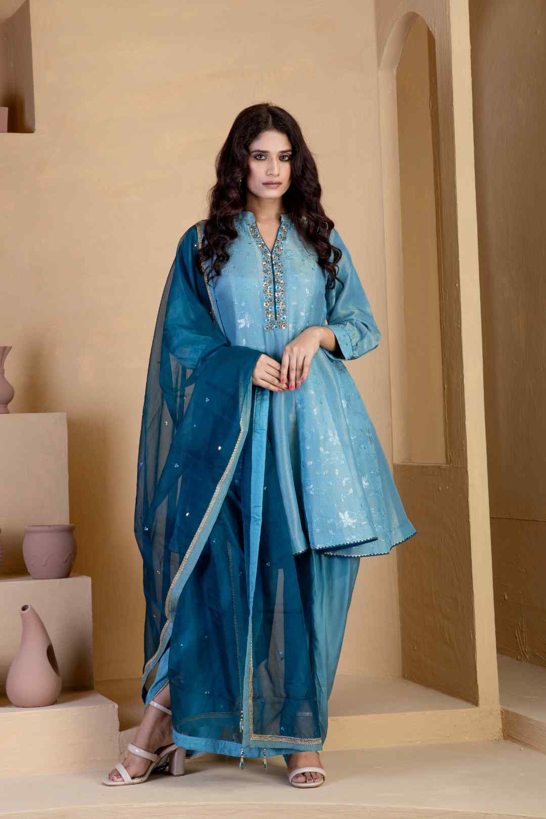 Steel Blue short kalidar Kurta with Steel Blue Tulip Salwar