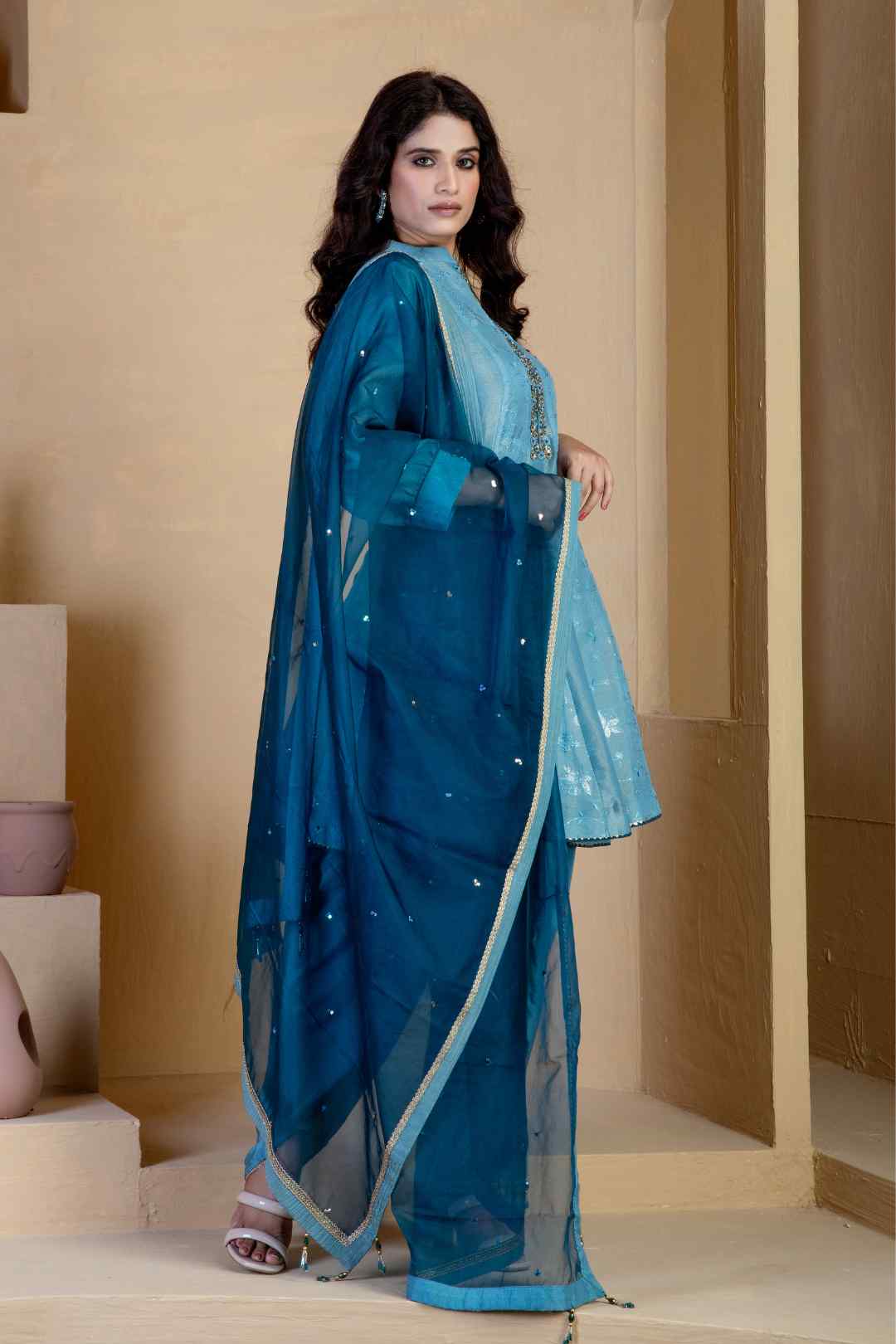 Steel Blue short kalidar Kurta with Steel Blue Tulip Salwar