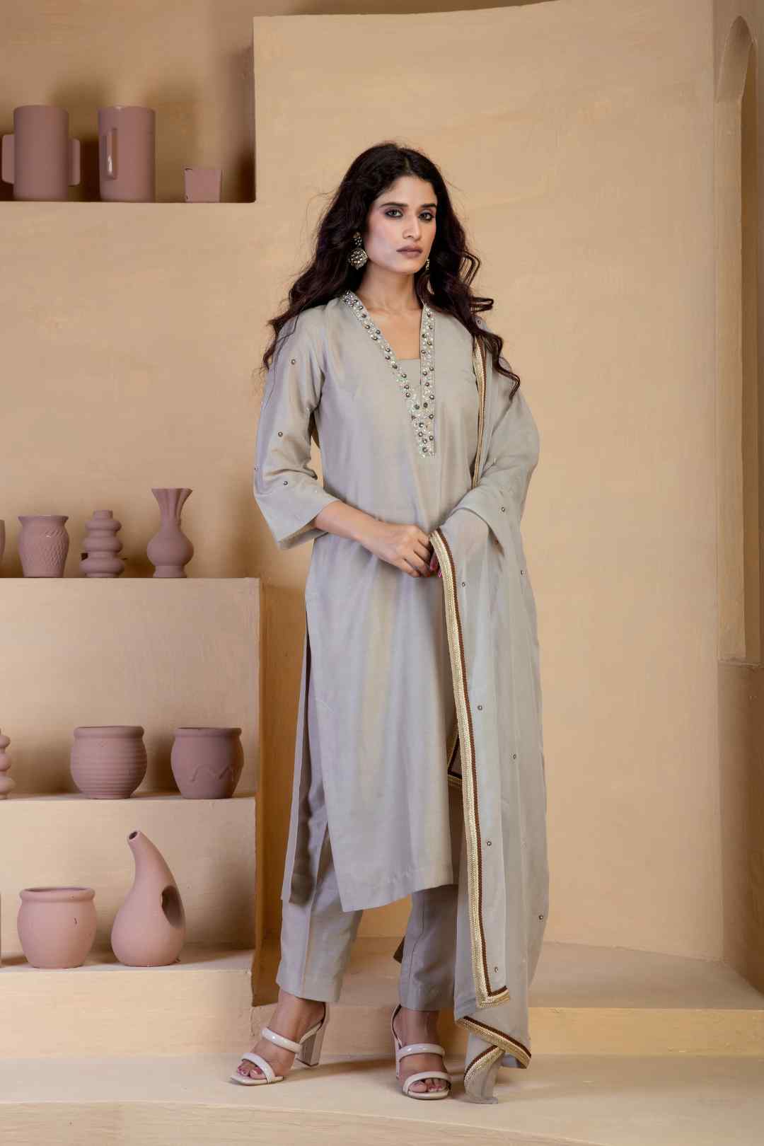 Beige Kurta Set with delicate hand embroidered neckline and matching Bordered organza dupatta