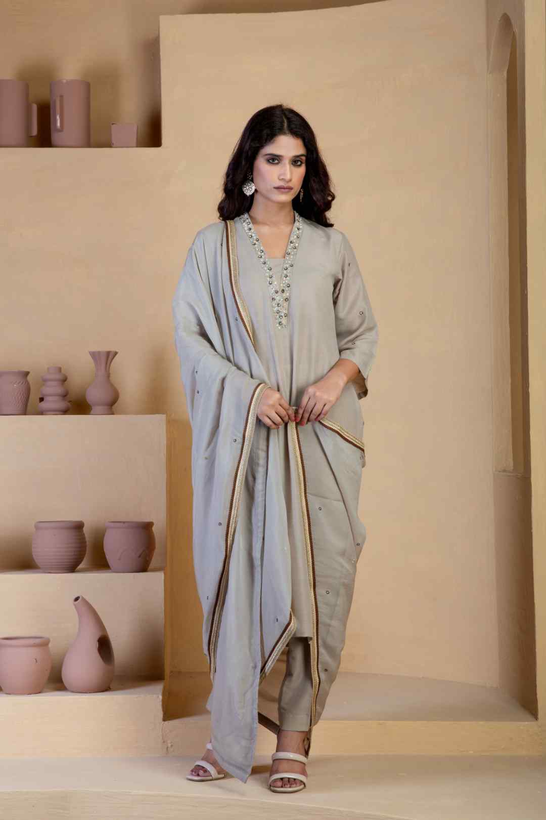 Beige Kurta Set with delicate hand embroidered neckline and matching Bordered organza dupatta