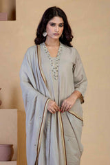 Beige Kurta Set with delicate hand embroidered neckline and matching Bordered organza dupatta
