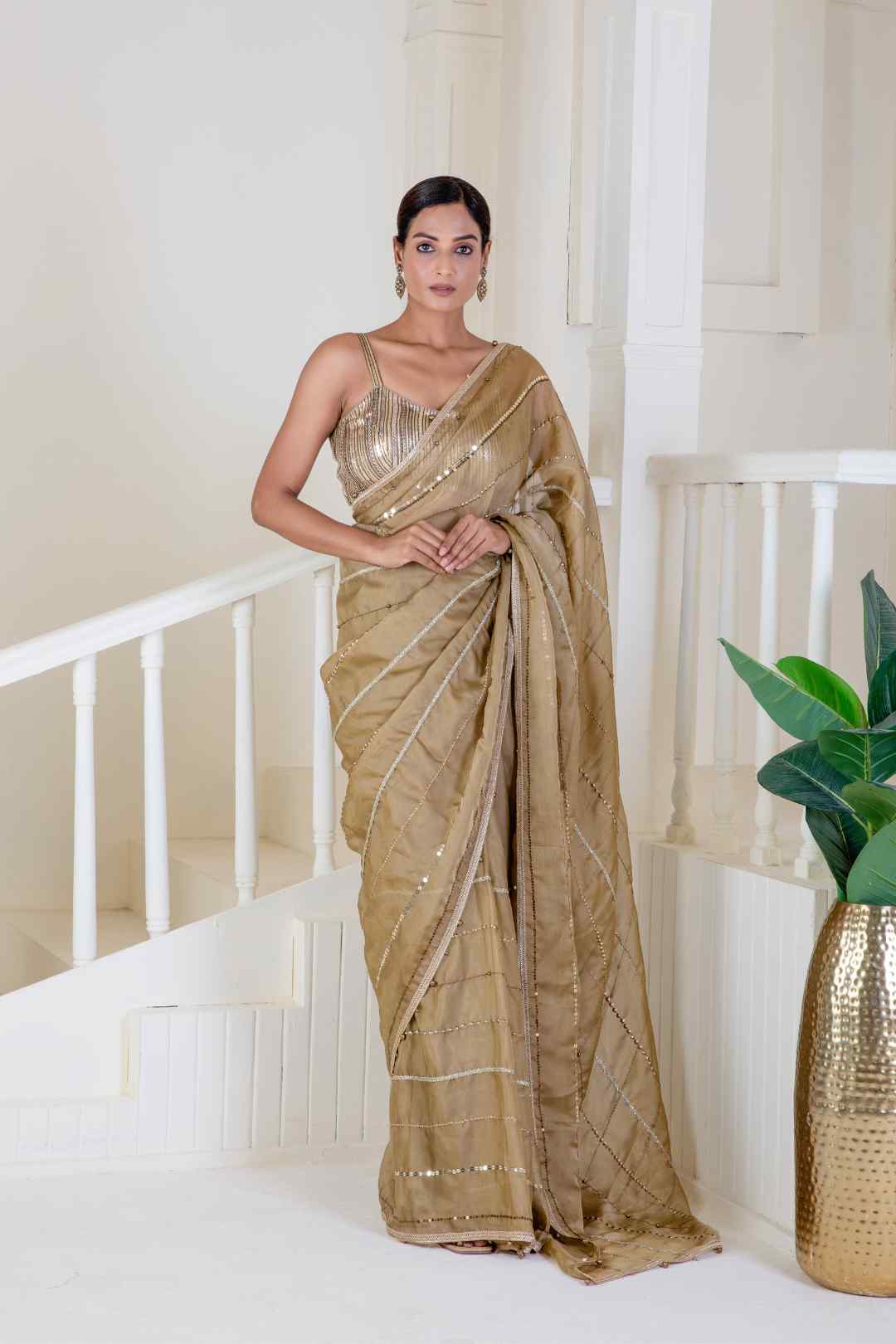 Golden silk with embroidery saree