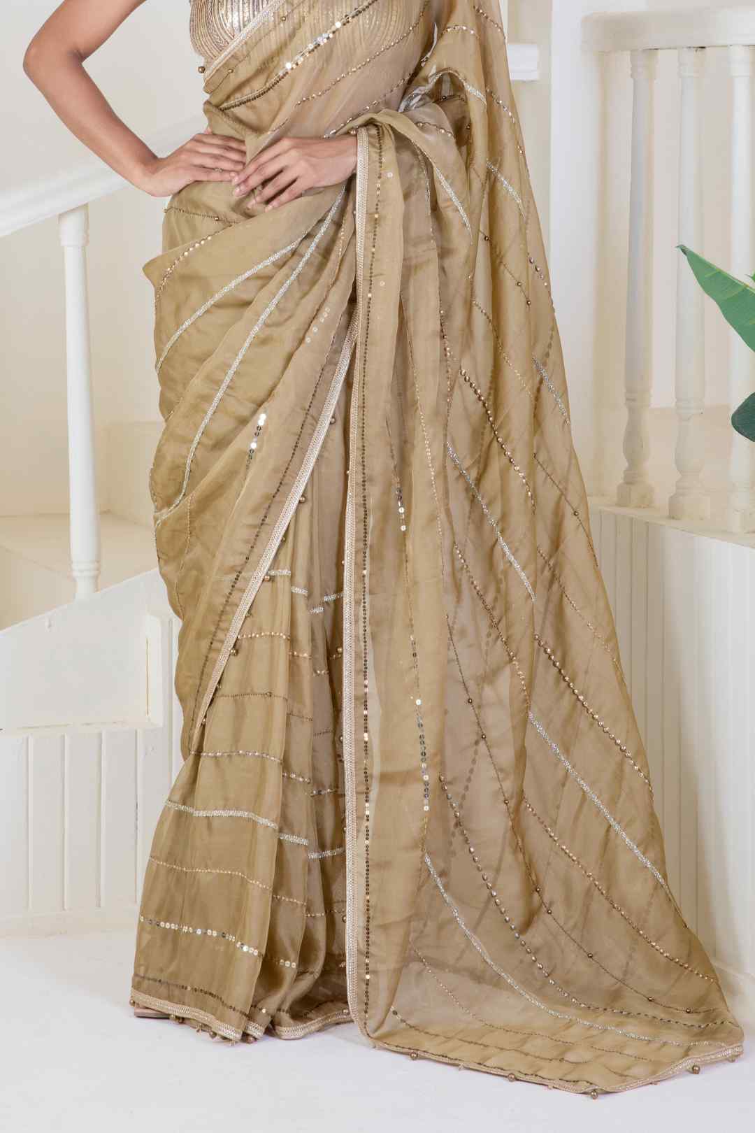 Golden silk with embroidery saree