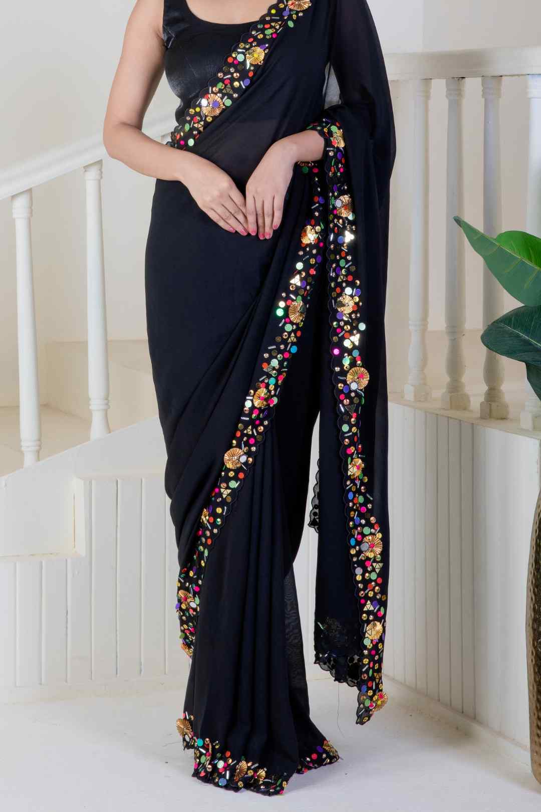 Black pure georgette saree