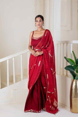Red saree pre-draped embroidery