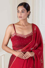 Red saree pre-draped embroidery