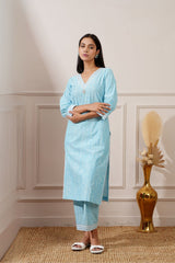 Sea Blue Chicken Cotton Straight Kurta & Pant
