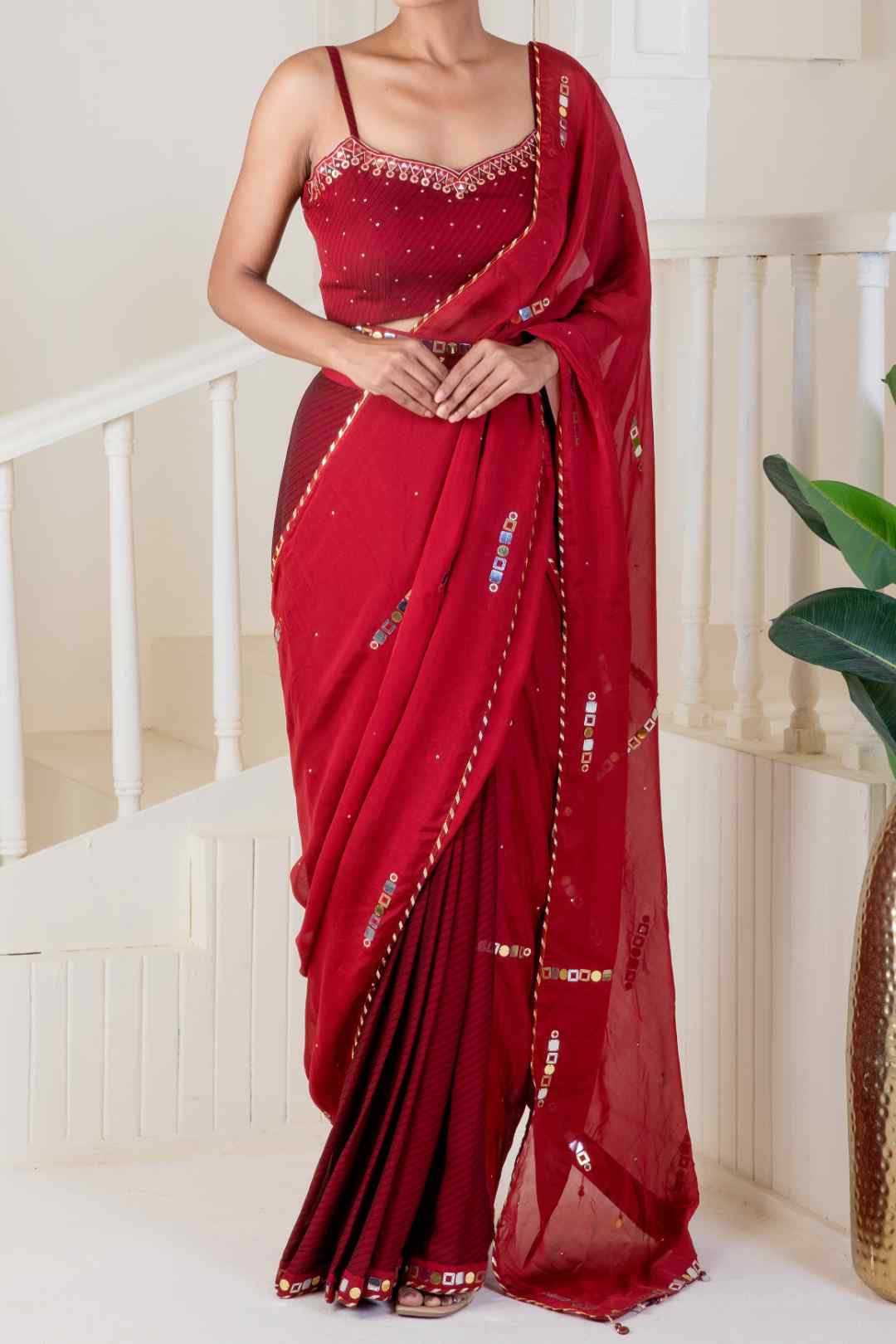 Red saree pre-draped embroidery