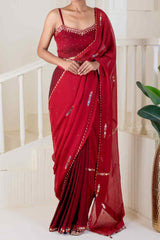 Red saree pre-draped embroidery