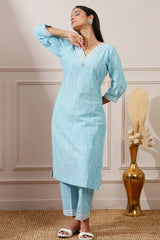 Sea Blue Chicken Cotton Straight Kurta & Pant
