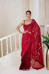 Red saree pre-draped embroidery