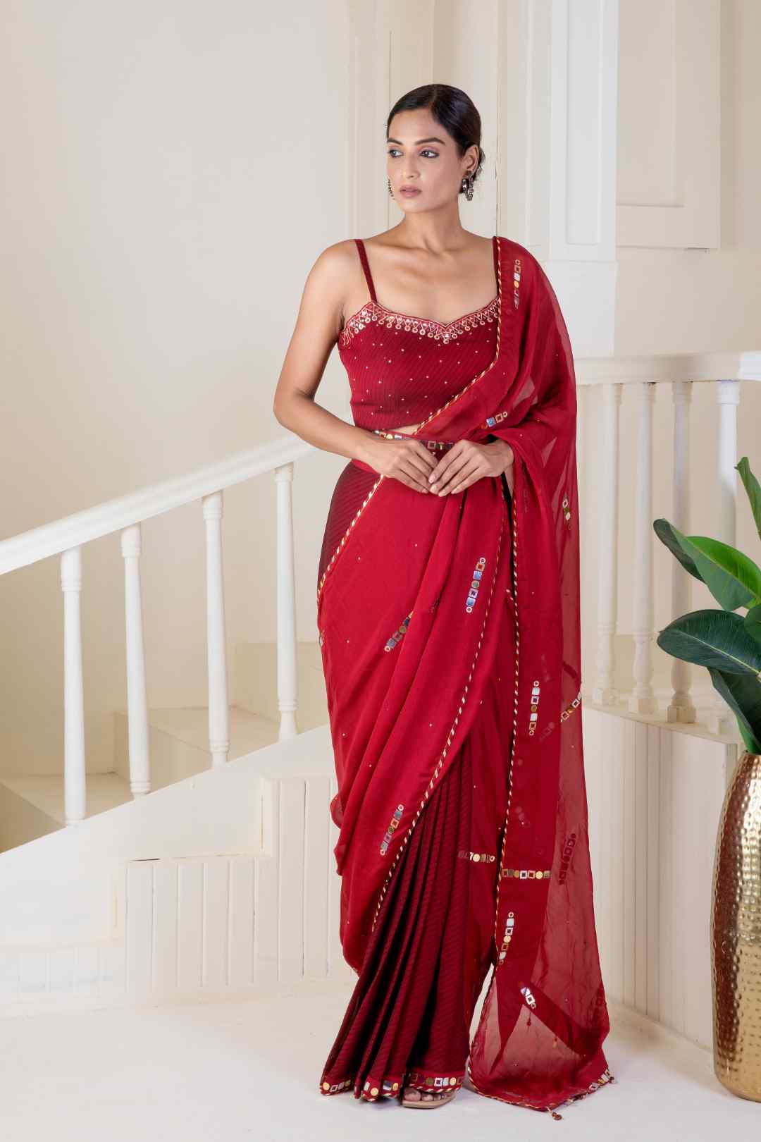 Red saree pre-draped embroidery