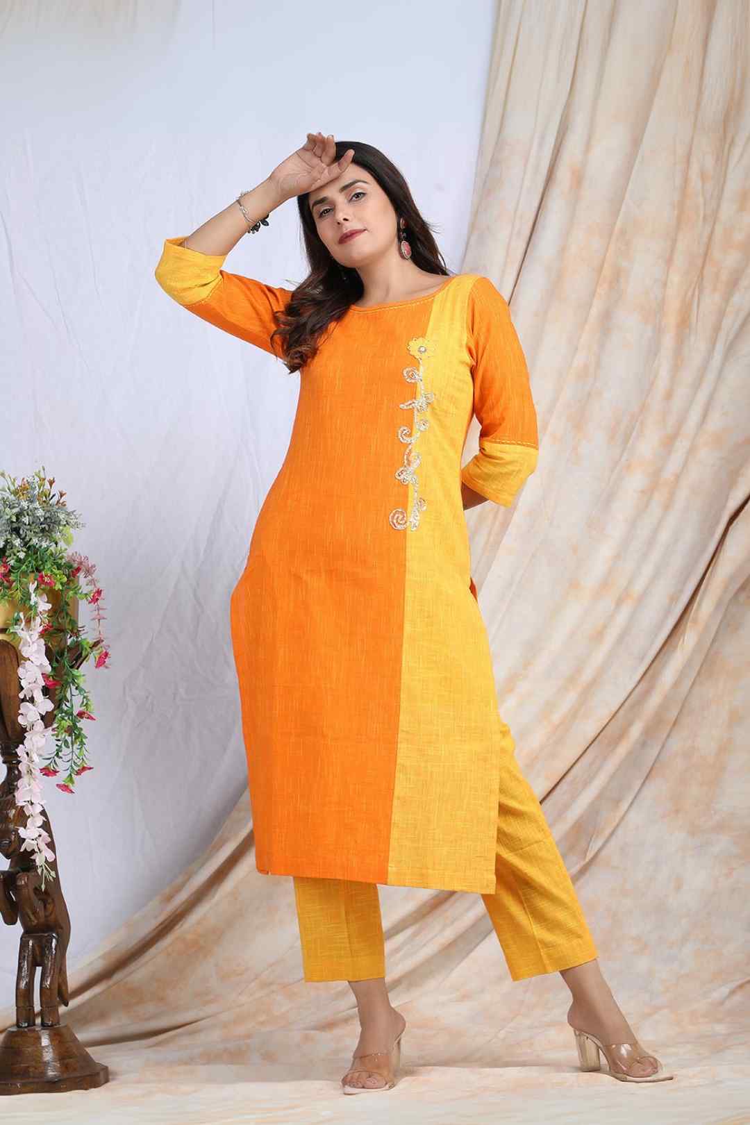MADHYAM | Cotton Kurta Pant Set with Color Panelling